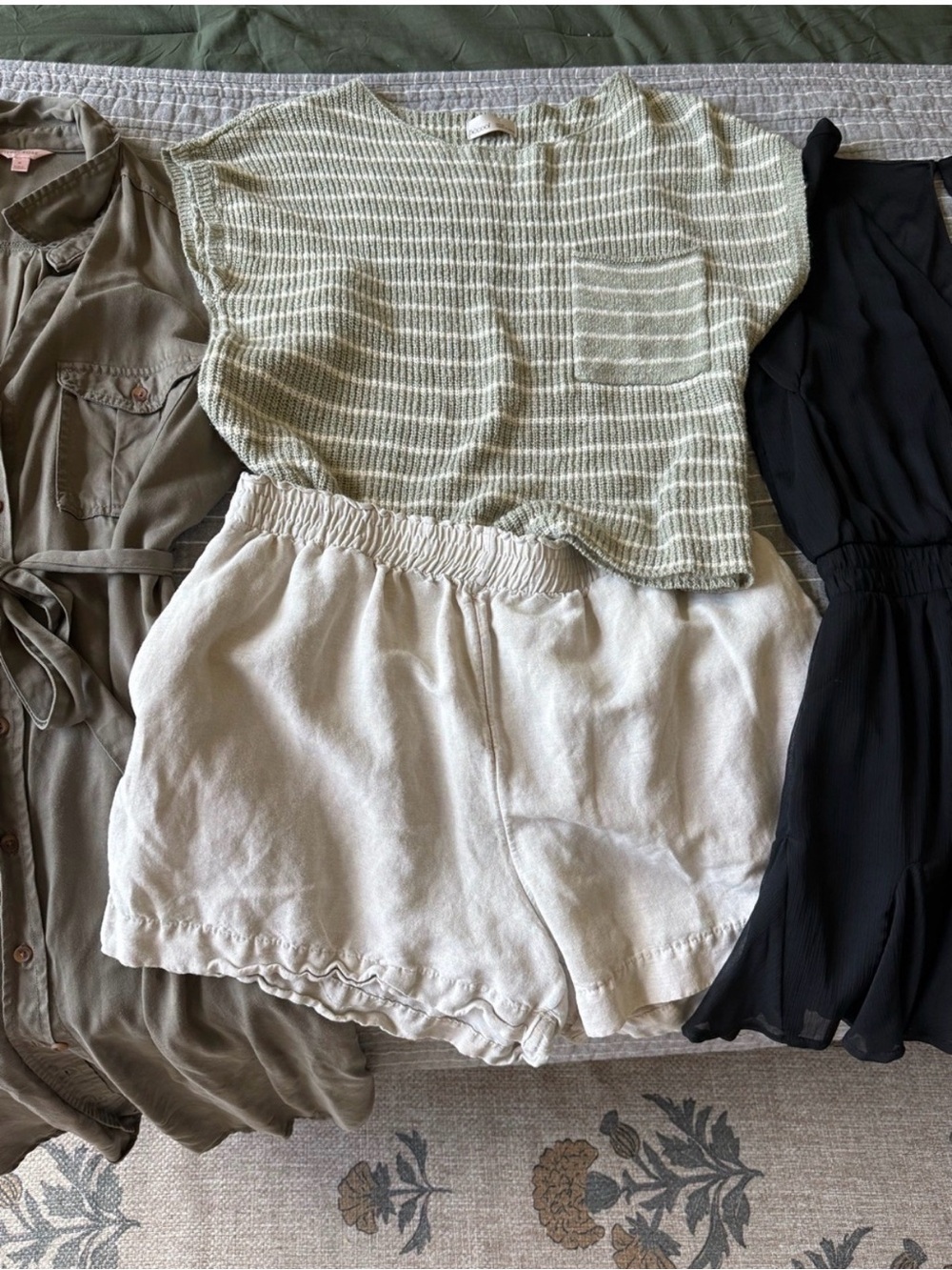 Medium Sage green striped cap sweater + medium khaki linen shorts